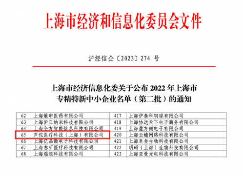 再传喜讯！声佗医疗喜获上海市“专精特新”中小企业认定